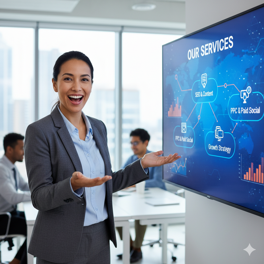 A woman in a business suit stands before a large screen displaying a presentation.