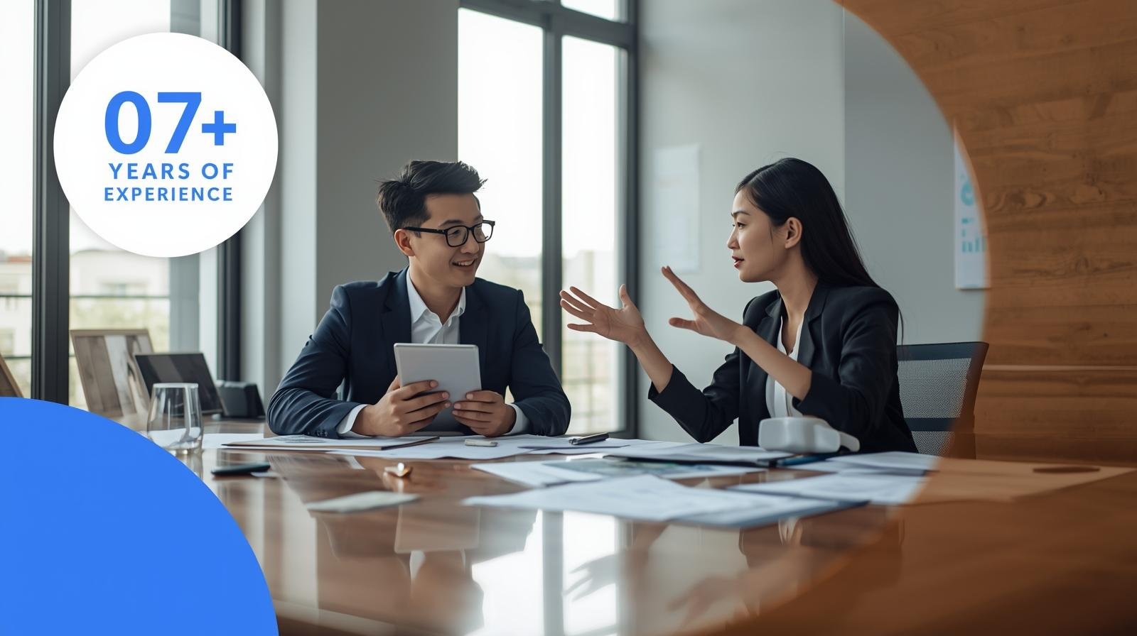 Two people seated at a table, with a sign displaying "7 years of experience" prominently in view.